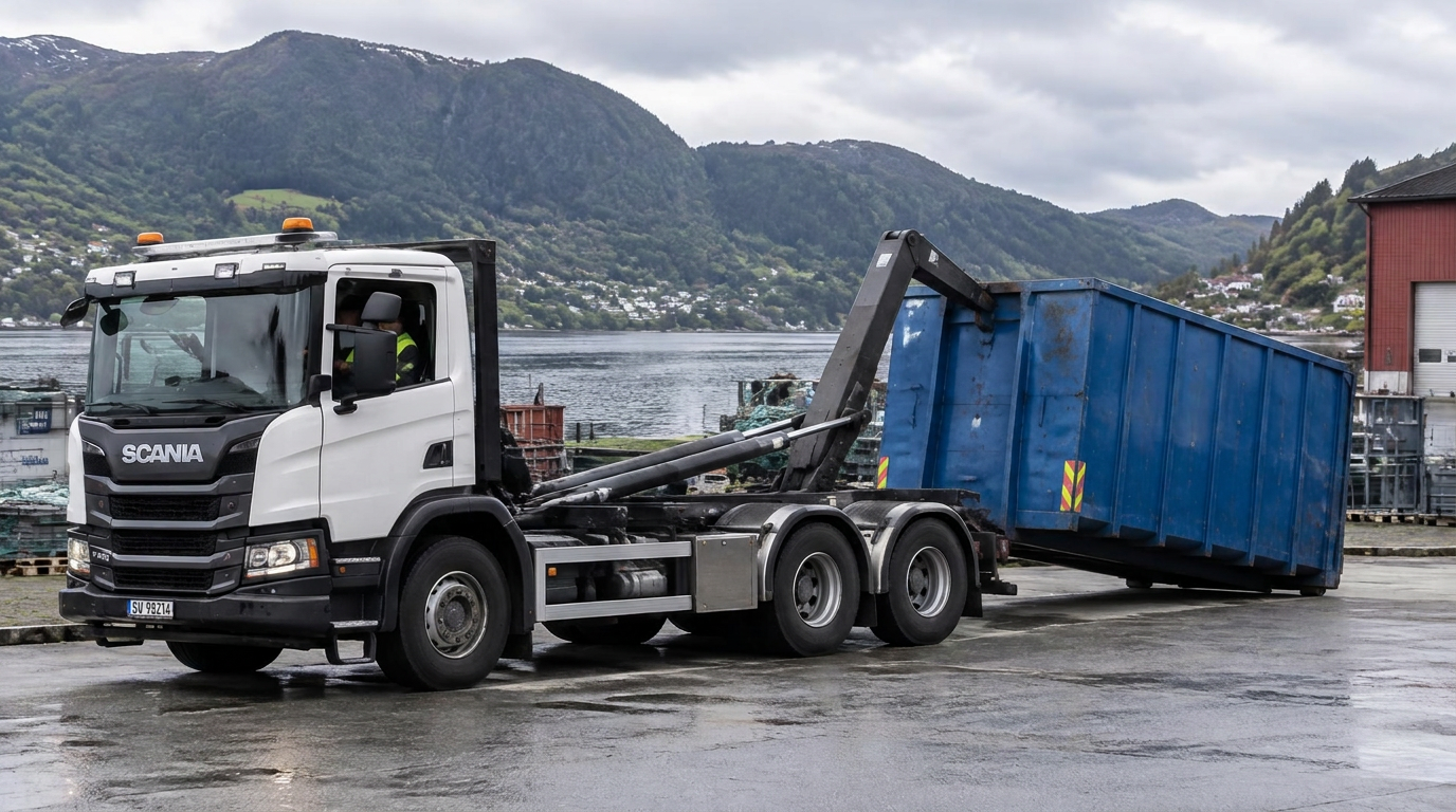 Lastebil set ut ein container ved fjorden